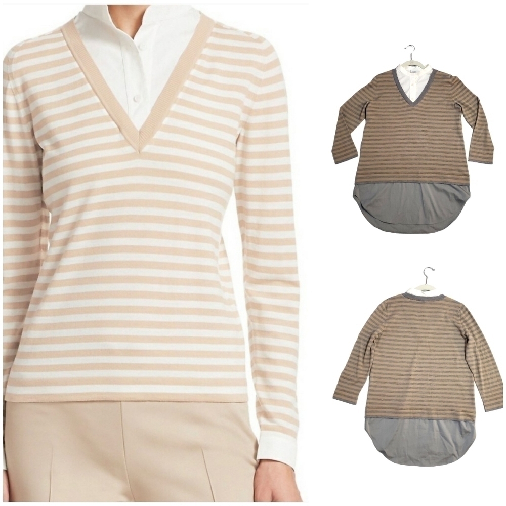 Akris PUNTO Striped V-Neck Sweater, Size 10